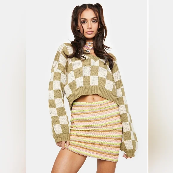 AFTER SCHEX Puff Balloon Sleeve Check Chunky V-Neck Crop Oversized Sweat… - Picture 7 of 12